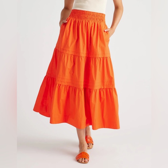 Quince 100% Organic Cotton Poplin Tiered Maxi Skirt In Vermilion Red - Picture 3 of 12